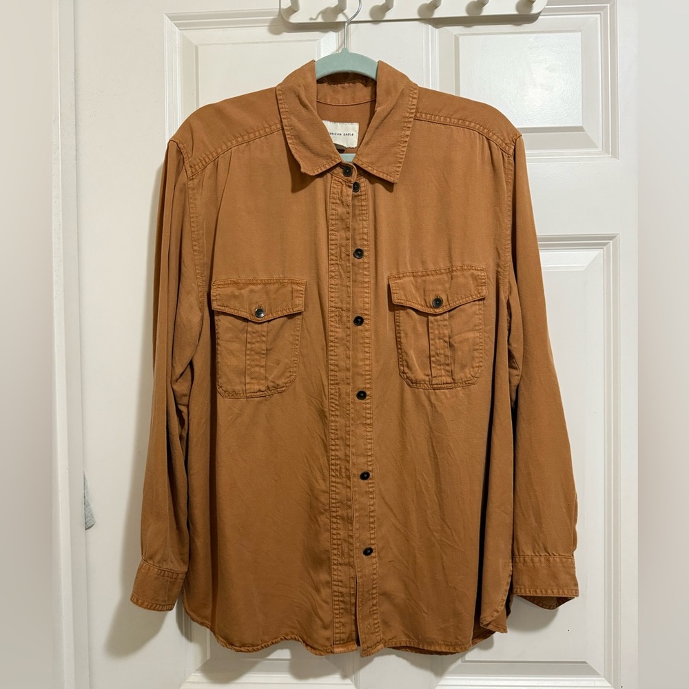 🌿 American Eagle Lyocell Button-Down – Size L – Turmeric Cinnamon - Gently worn